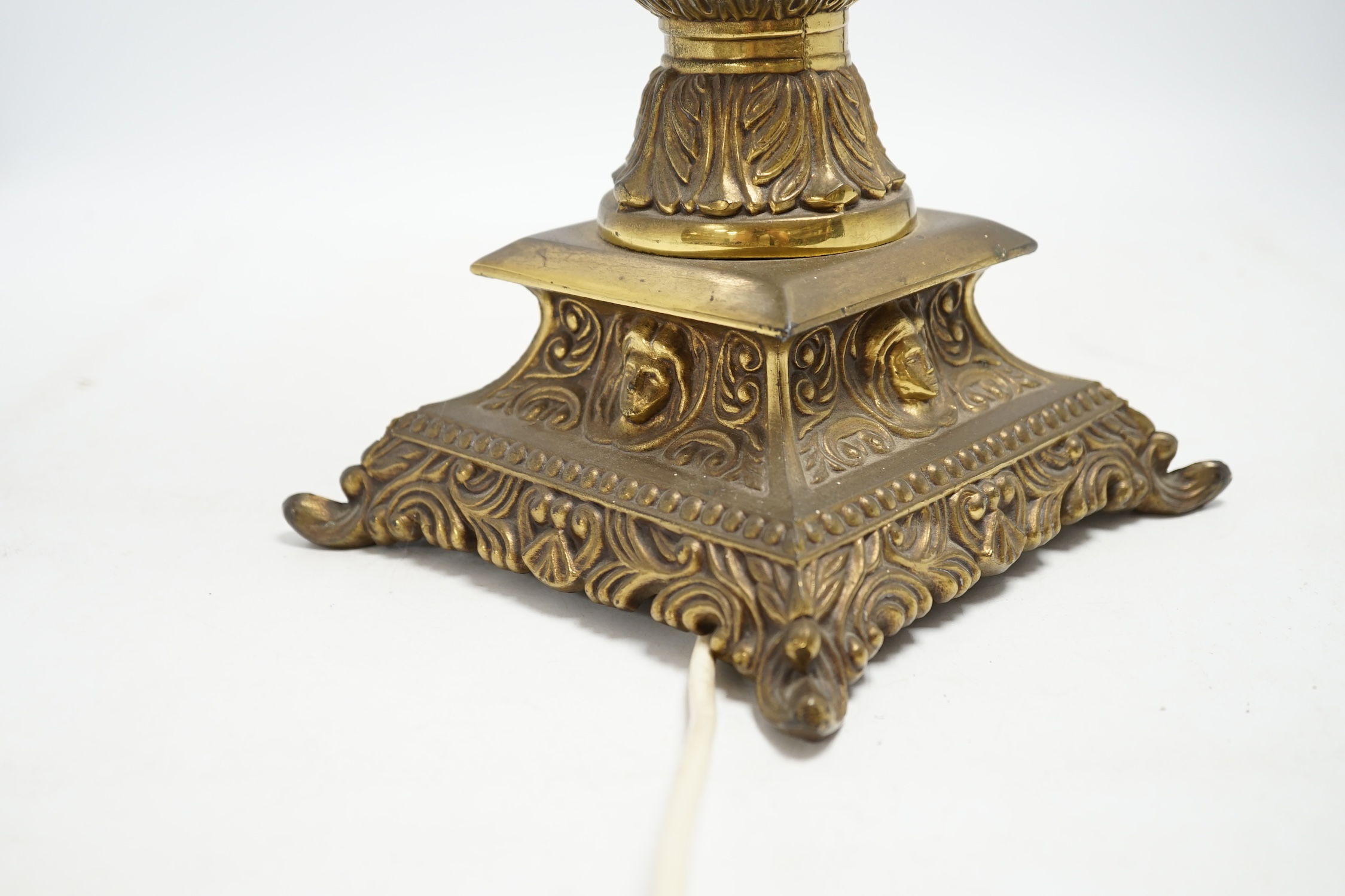 A heavy cast brass columnar table lamp, 48cm high (not including light fitting). Condition - good, but tarnished